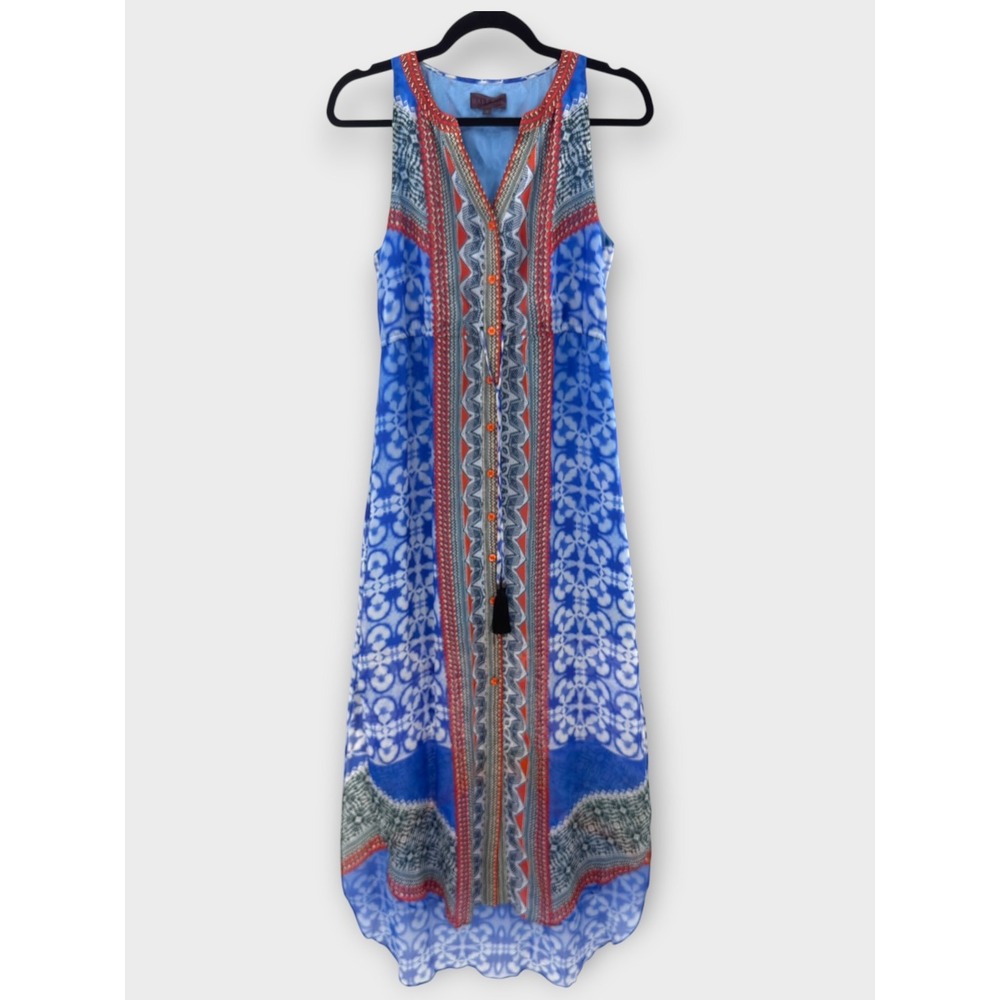 HALE BOB 100% Silk Maxi Dress Blue Geometric Print Tassel Hi Low Boho Small